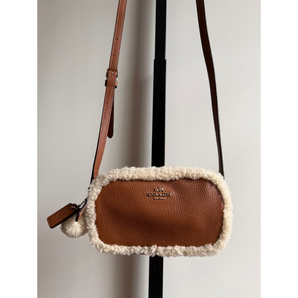 Coach Pebble Shearling Mini Crossbody Bag – Gold/Saddle
